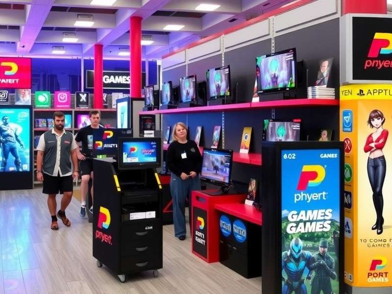 A bustling local board game store with shelves full of games and people playing at tables