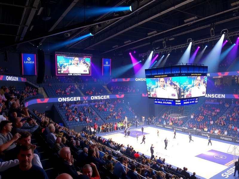 Vibrant concert crowd at LDLC Arena Lyon overlapping with digital Board Game Arena interface