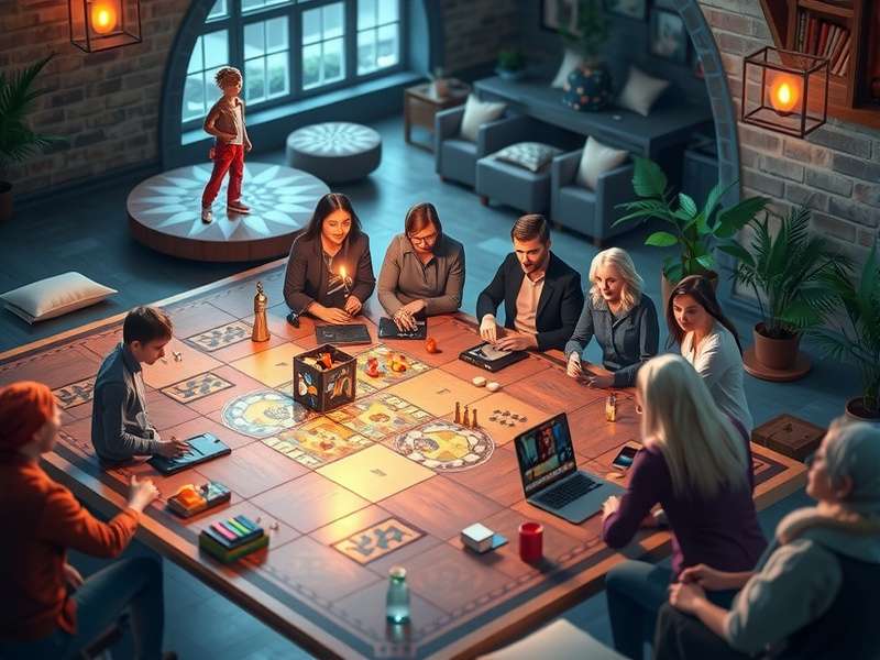 A diverse group of people playing a board game online, laughing and interacting on their devices