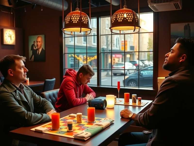A vibrant board game cafe with people playing games and enjoying coffee