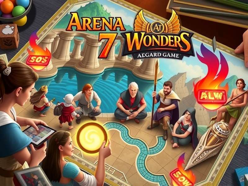 7 Wonders Board Game components laid out on a table, showing cards and boards