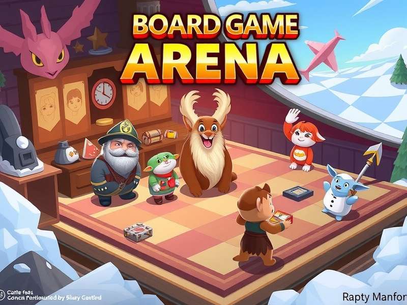 A vibrant collage showing Board Game Arena interface, Twitter logos, and diverse people playing games online