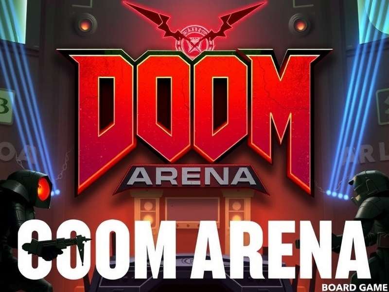 A dramatic board game setup with miniatures on a detailed arena map, representing Doom Arena gameplay
