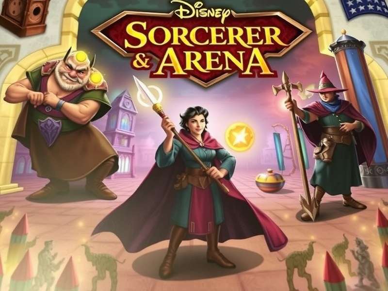 Disney Sorcerer's Arena board game setup showing Mickey, Sulley, Maleficent, and other characters on the circular arena