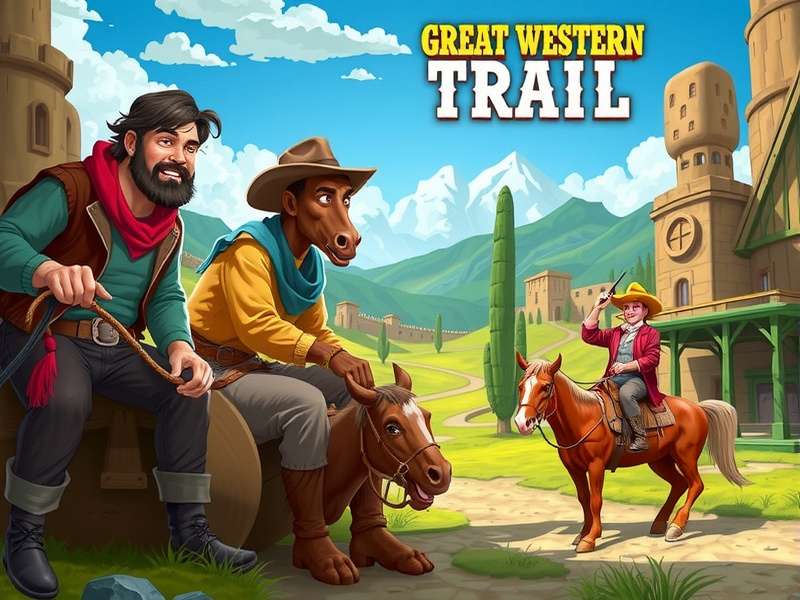 Great Western Trail board game setup on a wooden table with cards and cattle tokens